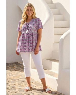Roman Curve Tie Front V-Neck Boho Printed Top - Purple