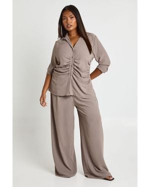 Boohoo Plus Woven Cinched Shirt & Elasticated Wide Leg Trouser Co Ord - Natural