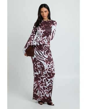 Boohoo Tonal Animal Long Sleeve Maxi Dress - White