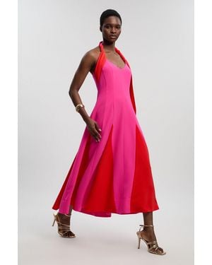 Karen Millen Petite Soft Tailored Colour Block Detail Halter Neck Maxi Dress