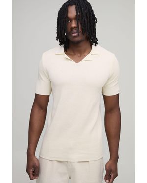 BoohooMAN Tall Regular Fit Cotton Blend Ribbed Knitted Polo - Natural