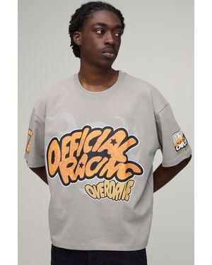 BoohooMAN Oversized Boxy Fun Moto Graphic Puff Print T-Shirt - Grey