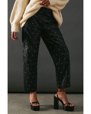 Warehouse Real Leather All Over Stud Barrel Leg Trouser - Black