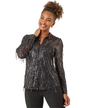 Roman Sequin Tassel Stretch Shirt - Black