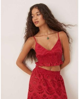 Iisla & Bird Broderie V Neck Ruch Beach Top Co-Ord - Red