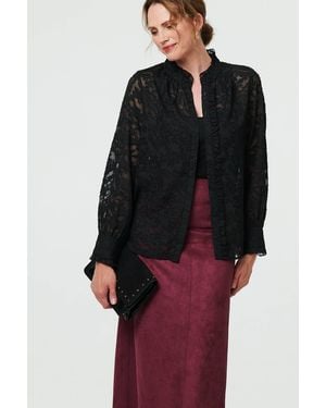 Izabel London Lace Frill Semi Sheer Long Sleeve Blouse - Black