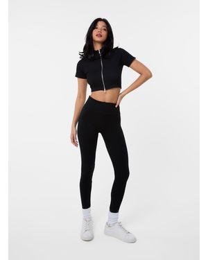Pink Vanilla Double Zip Short Sleeve Rib Top - Black