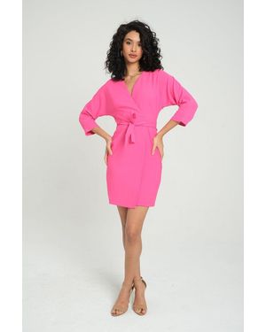 Hiccup V Neck Long Sleeve Mini Wrap Dress With A Belt Detail - Pink