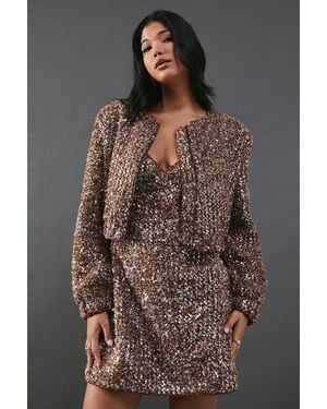 Warehouse Sequin Boucle Cardigan Bomber Jacket - Brown