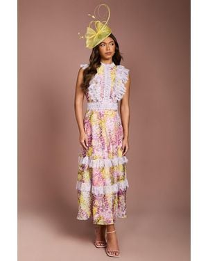 Coast Lace Trim Printed Georgette Midi Dress - Brown