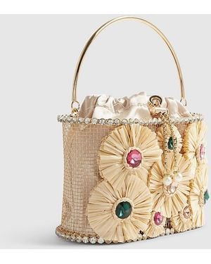 River Island Basket Bag Gem Raffia Flower Drawstring Steel - Natural