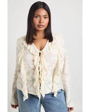 Boohoo Plus Burnout Double Ruffle Tie Front Blouse - Natural