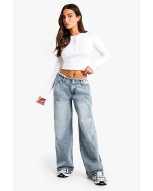 Boohoo Petite Raw Waistband Wide Leg Jeans - Blue
