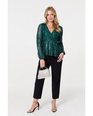 Izabel London Sequin Embellished Long Sleeve Peplum Top - Green