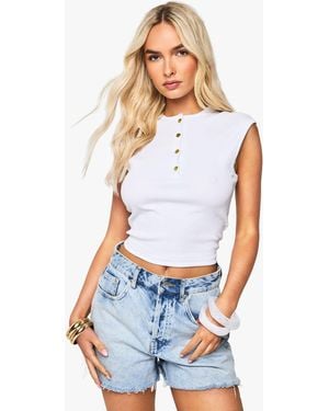 Boohoo Rib Button Detail Cap Sleeve Top - White