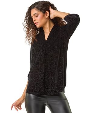 Roman Sparkle Velvet V-Neck Tunic Stretch Top - Black