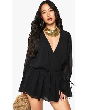 Boohoo Chiffon Long Sleeve V Neck Playsuit - Black