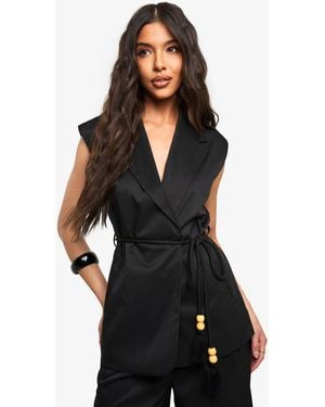 Boohoo Tailored Linen Look Longline Belted Waistcoat - Black