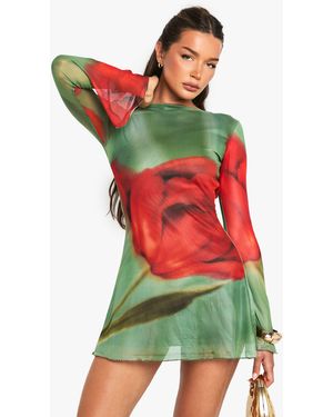 Boohoo Floral Mesh Flare Sleeve Mini Dress - Green