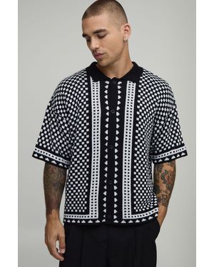BoohooMAN Boxy Regular Jacquard Border Knitted Shirt - Black