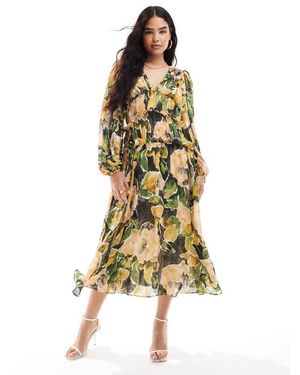 ASOS Plunge Neck Midi Dress With Ruffles - Yellow