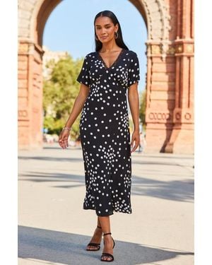 Sosandar Spot Print Lace Trim Midi Dress - Black