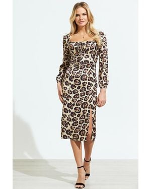 Sosandar Leopard Print Ruched Neckline Split Detail Dress - White