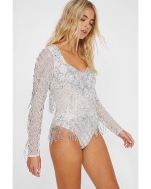 Nasty Gal Tassel Beaded Fringe Bodysuit - White