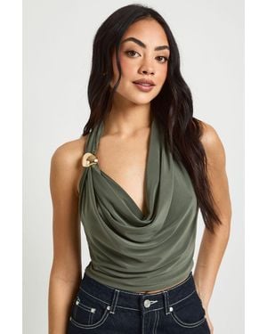 Boohoo Cowl Neck Trim Halter Top - Green