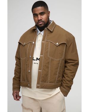 BoohooMAN Plus Contrast Stitch Padded Boxy Western Jacket - Brown