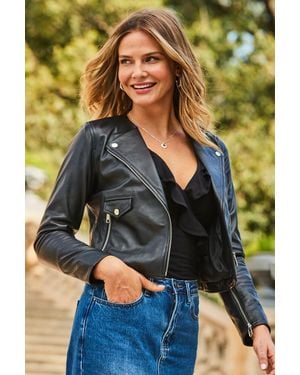 Sosandar Leather Collarless Biker Jacket - Green