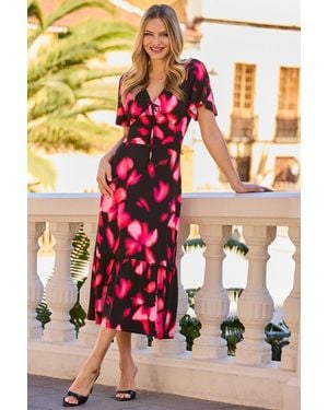 Sosandar Floral Print Ruched Waist Fit & Flare Dress - Pink