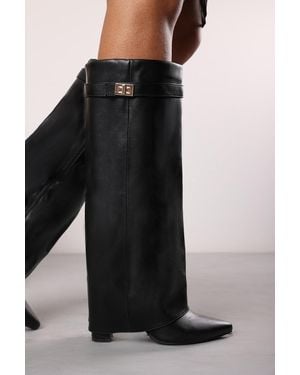 Where's That From 'Nova' Fold Over Shark Block Heel Point Toe Boots - Black