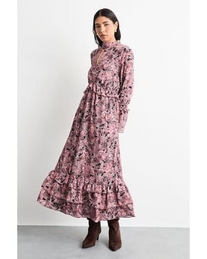 Warehouse Chiffon Shirred Frill Detail High Neck Midi Dress - Brown