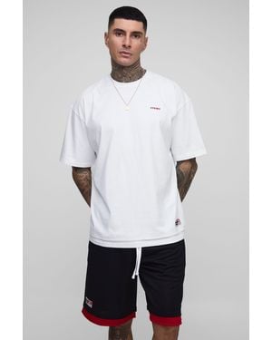 BoohooMAN Tall Oversized Official Faux Layer Hem T-Shirt & Airtex Basketball Short Set - White
