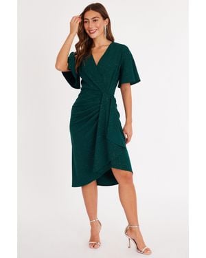 Quiz Bottle Glitter Ruched Midi Dress - Green