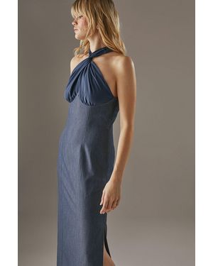 Warehouse Cross Front Georgette And Marl Suiting Midi Dress - Blue