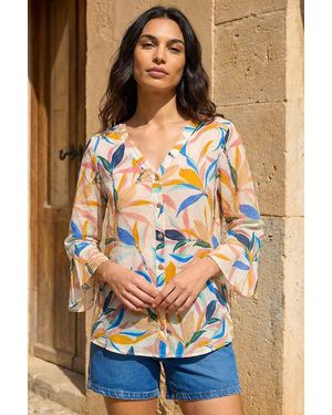 Roman Leaf Print Flare Sleeve Blouse - Blue