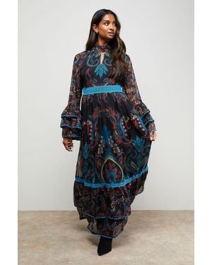 Oasis Placement Print Lace Detail High Neck Maxi Smock Dress - Blue