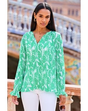 Sosandar Floral Print Plisse Blouse Denim - Green