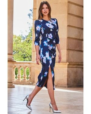 Sosandar Floral Print Ruched Side Satin Midi Dress - Blue