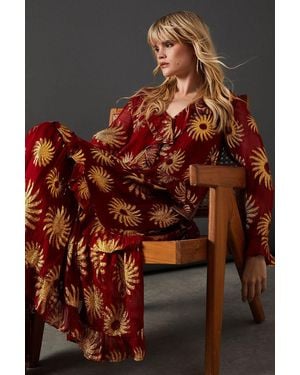 Warehouse Sun Metallic Jacquard Frill Front Smock Midi Dress - Red
