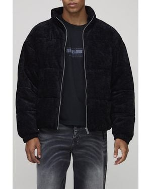BoohooMAN Regular Fit Textured Velvet Funnel Neck Puffer Jacket - Black