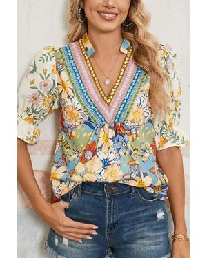 Azura Exchange Floral Print Blouse Short Sleeve Embroidered - Blue