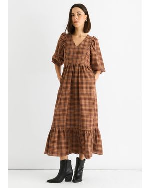 Gini London Cotton Puff Sleeves V Neck Midi Dress - Brown