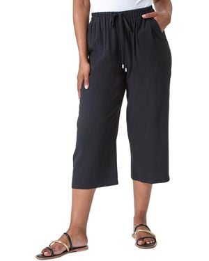 Roman Petite Linen Mix Wide Cropped Trousers - Blue