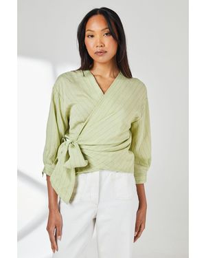 PRINCIPLES Striped Linen Blend Wrap Top - Green