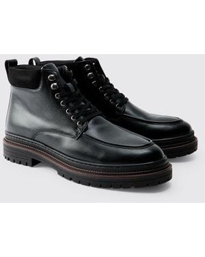 BoohooMAN Washed Pu Hiking Style Boot - Black
