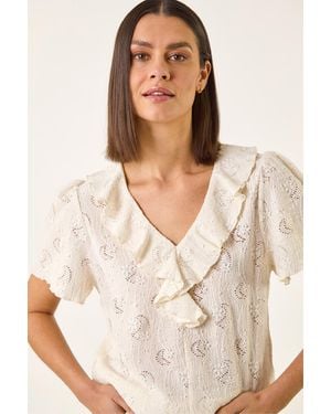 Roman Textured Frill V-Neck Top - Natural