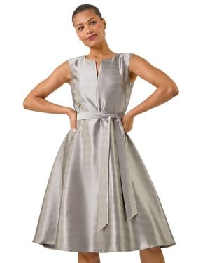 Roman Jacquard Belted Fit & Flare Dress - White